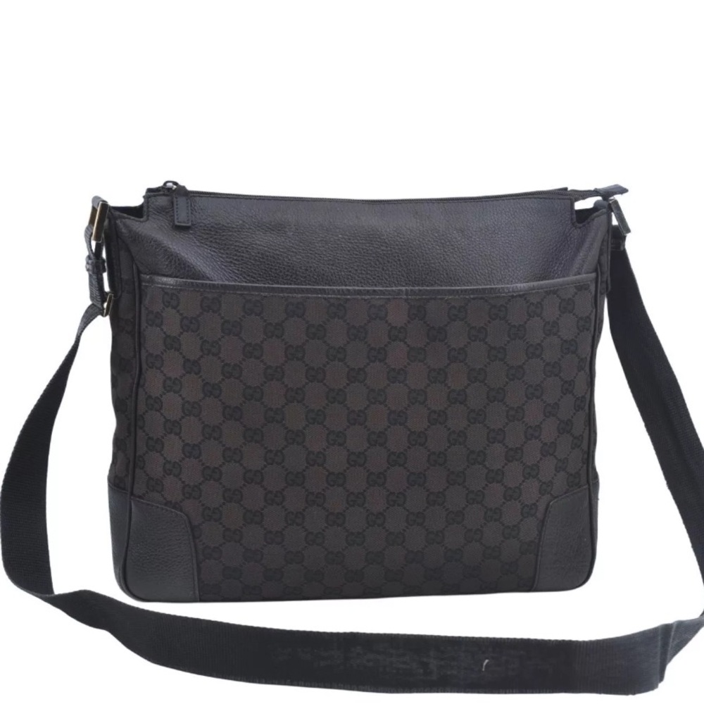 Authentic GUCCI Shoulder Cross Body Bag GG Canvas Leather Brown blue container